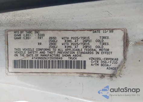 2000 Toyota Tacoma Prerunner V6 from USA, damaged, VIN 4TASN92N1YZ609849